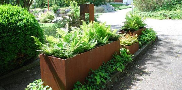 Jardinières rectangulaires en acier Corten intégrées à un jardin paysager avec fougères et végétation dense.