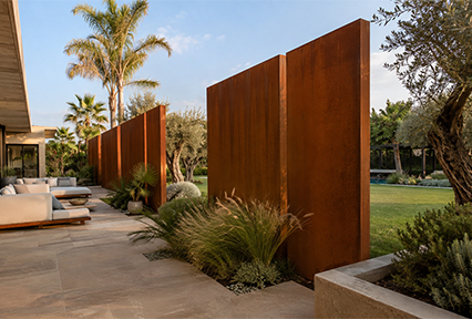 Brise-vue en Acier Corten Maroc composé de panneaux verticaux intégrés à un jardin de villa contemporaine.