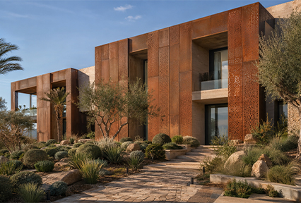 Villa contemporaine avec façade et panneaux perforés en Acier Corten Maroc intégrés à un jardin paysager.