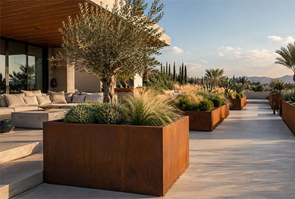 Jardinières rectangulaires en Acier Corten Maroc intégrées à la terrasse paysagée d’une villa contemporaine.