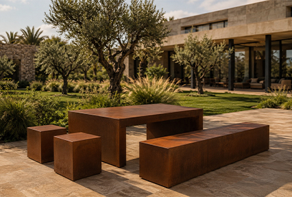 Mobilier extérieur en Acier Corten Maroc avec table, banc et tabourets installés dans un jardin contemporain.