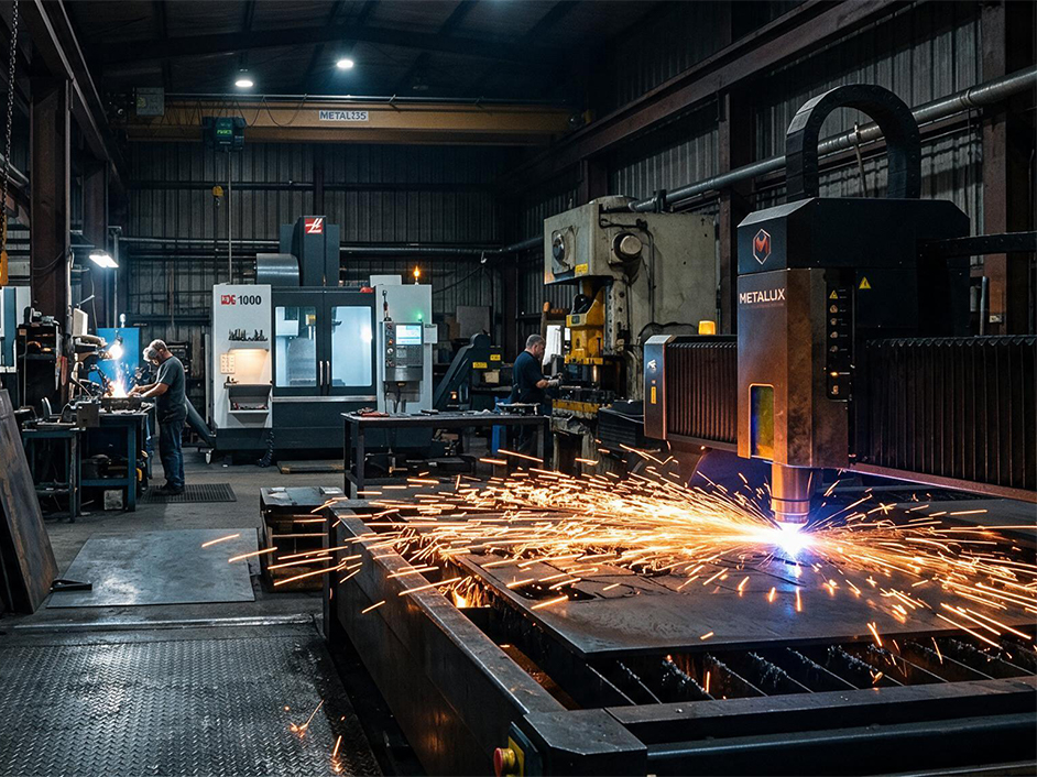 Atelier industriel d’un Fabricant acier Corten Maroc avec machine de découpe laser et équipements de fabrication métallique.