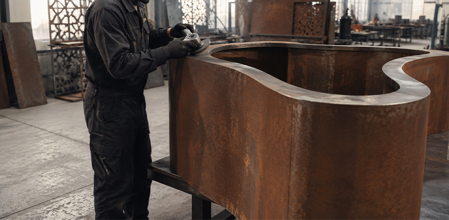 Technicien effectuant le meulage d’un ouvrage courbe dans l’atelier d’un Fabricant acier Corten Maroc spécialisé dans la fabrication sur mesure.