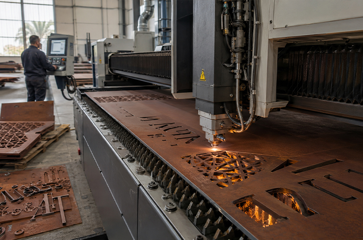 Machine de découpe laser fibre réalisant des motifs dans une tôle lors de la Fabrication acier Corten en atelier.