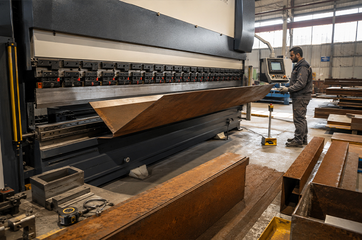 Technicien réalisant le pliage d’une tôle sur presse plieuse lors de la Fabrication acier Corten en atelier.