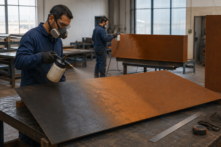 Technicien appliquant un traitement de pré-oxydation sur une tôle lors de la Fabrication acier Corten en atelier.