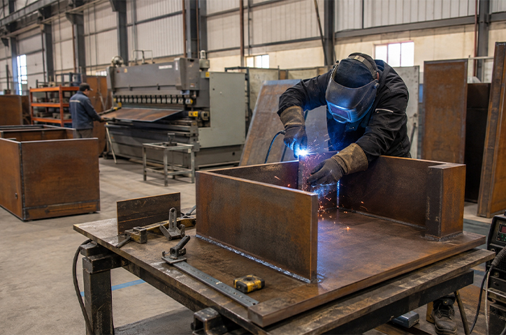 Technicien réalisant une opération de soudage en atelier dans le cadre de la Fabrication acier Corten sur mesure.