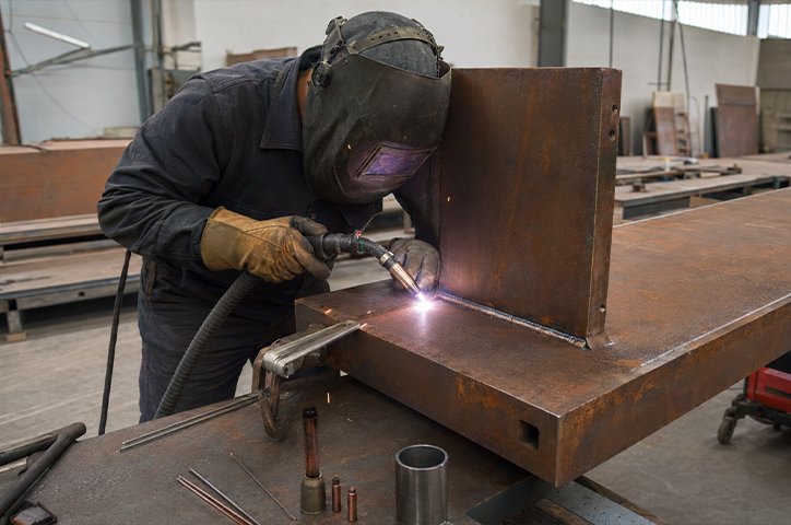 Soudeur réalisant une opération TIG/MIG sur une structure métallique lors de la Fabrication acier Corten en atelier.