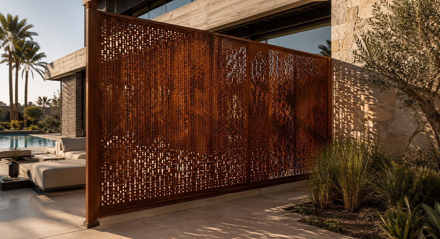 Claustra perforé faisant partie de Projets en acier Corten, installé sur la terrasse d’une villa contemporaine.