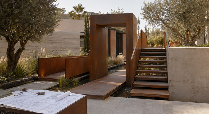 Escalier extérieur et passerelle intégrés à des Projets en acier Corten dans un aménagement paysager contemporain.