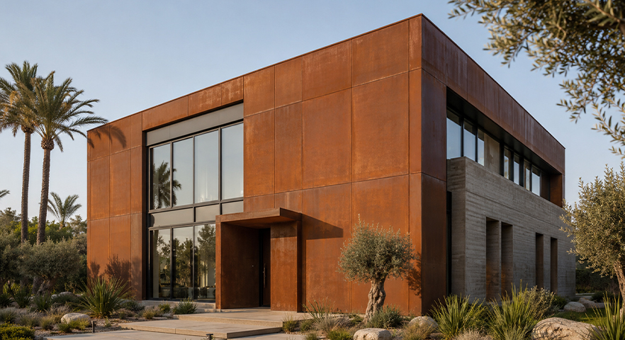 Bâtiment contemporain avec façade complète faisant partie de Projets en acier Corten, associant panneaux patinés et grandes baies vitrées.