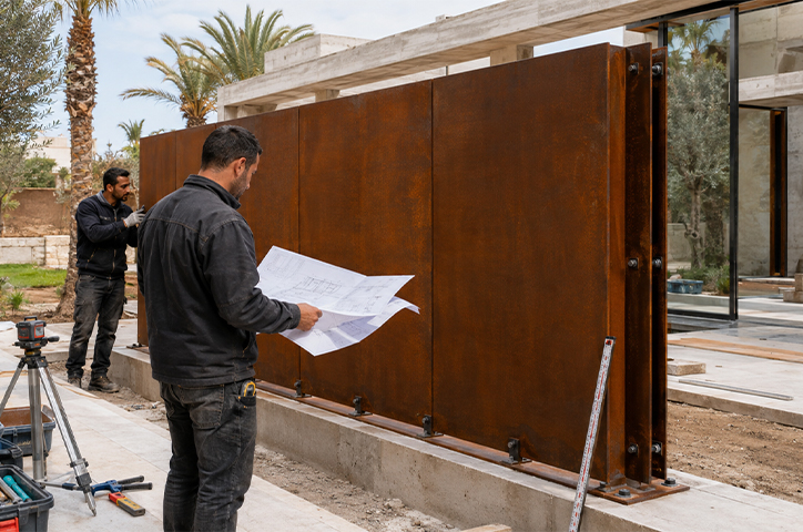 Techniciens installant un portail sur mesure dans le cadre de Projets en acier Corten pour une villa contemporaine.