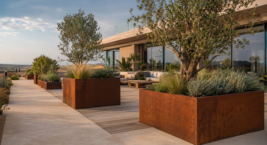 Grandes jardinières paysagères faisant partie de Projets en acier Corten, installées sur la terrasse d’une villa contemporaine.