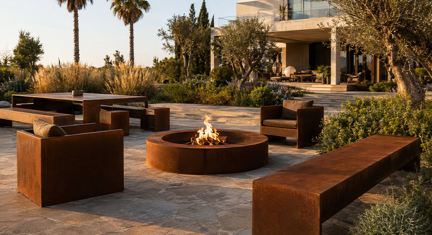 Mobilier extérieur et brasero circulaire intégrés à des Projets en acier Corten dans le jardin d’une villa contemporaine.