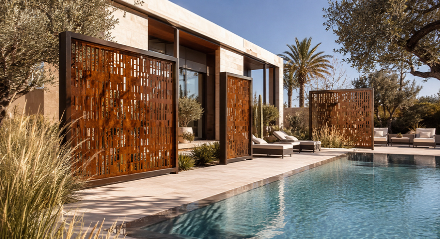 Claustras ajourés autour de la piscine d’une villa contemporaine parmi nos Réalisations en acier Corten.