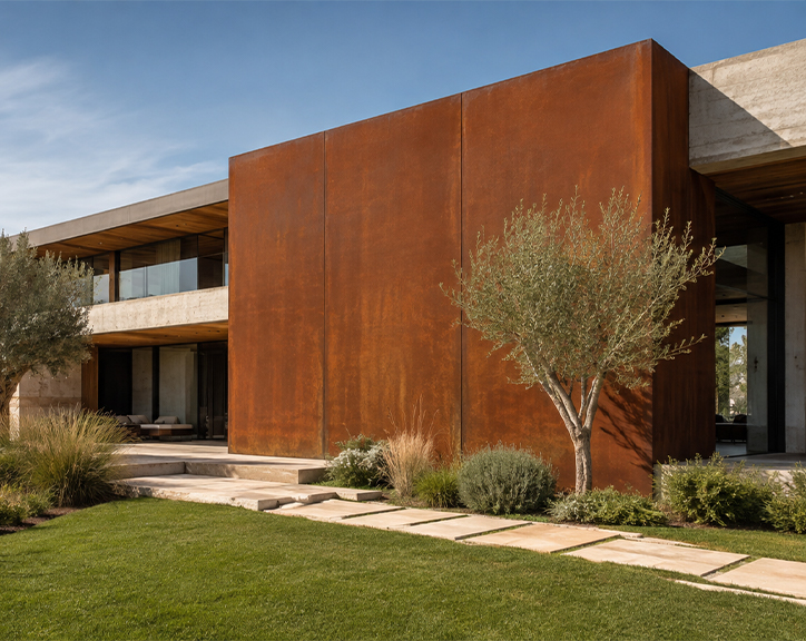 Habillage de façade d’une villa contemporaine faisant partie de nos Réalisations en acier Corten au Maroc.