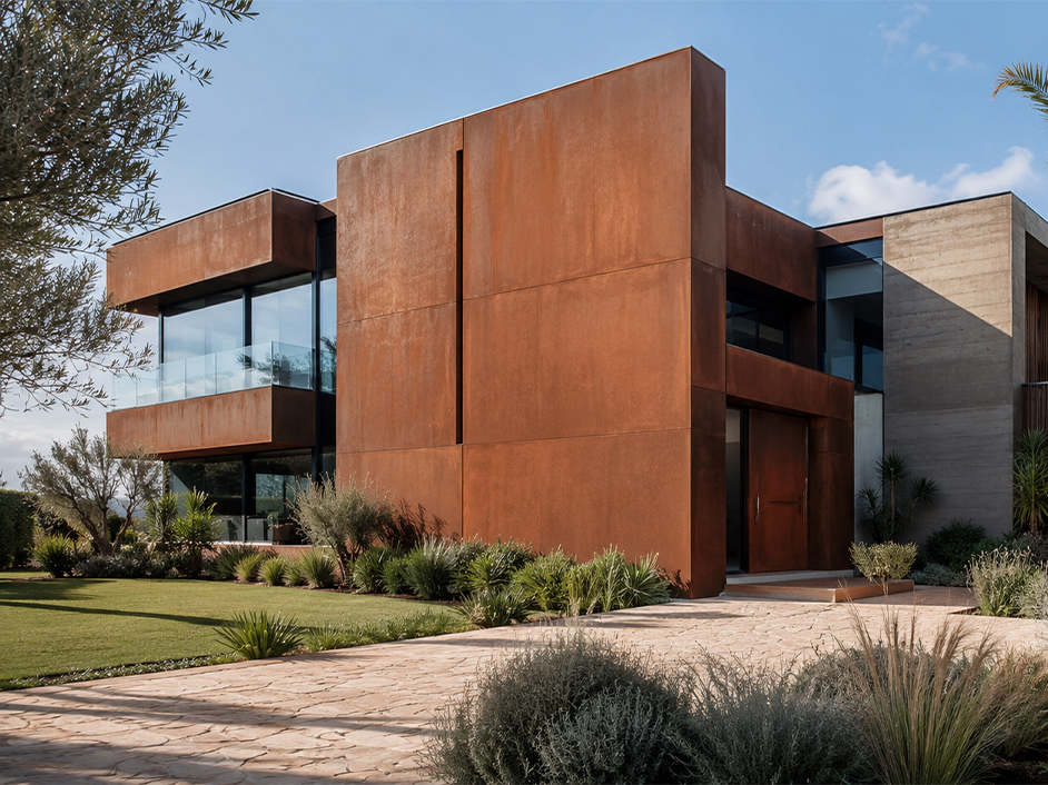 Villa contemporaine avec façade en panneaux métalliques faisant partie de nos Réalisations en acier Corten au Maroc.