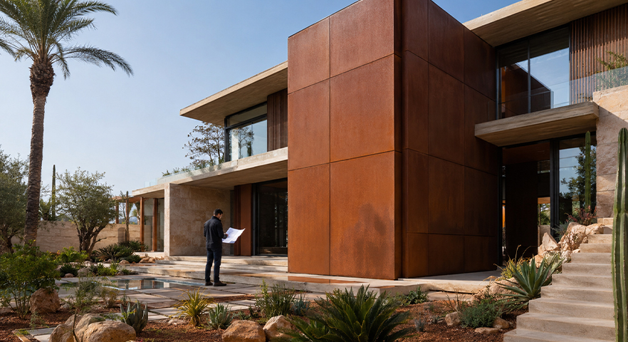 Villa contemporaine avec habillage architectural faisant partie de nos Réalisations en acier Corten, entourée d’un jardin paysager.