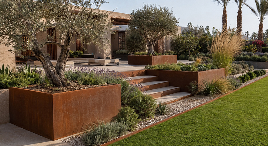 Aménagement paysager d’une villa avec jardinières et bordures parmi nos Réalisations en acier Corten.